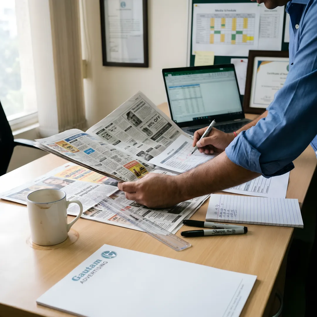 Media planner reviewing newspaper ad options