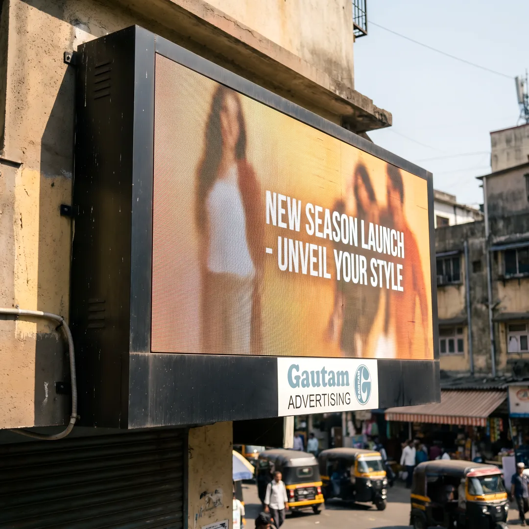 Digital outdoor advertising screen showing dynamic branded content