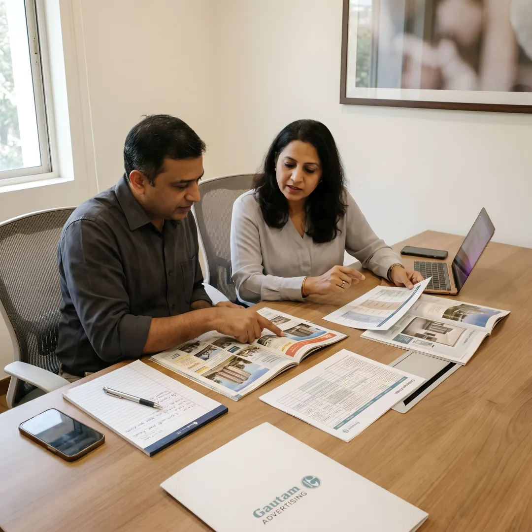 Team planning a real estate print campaign