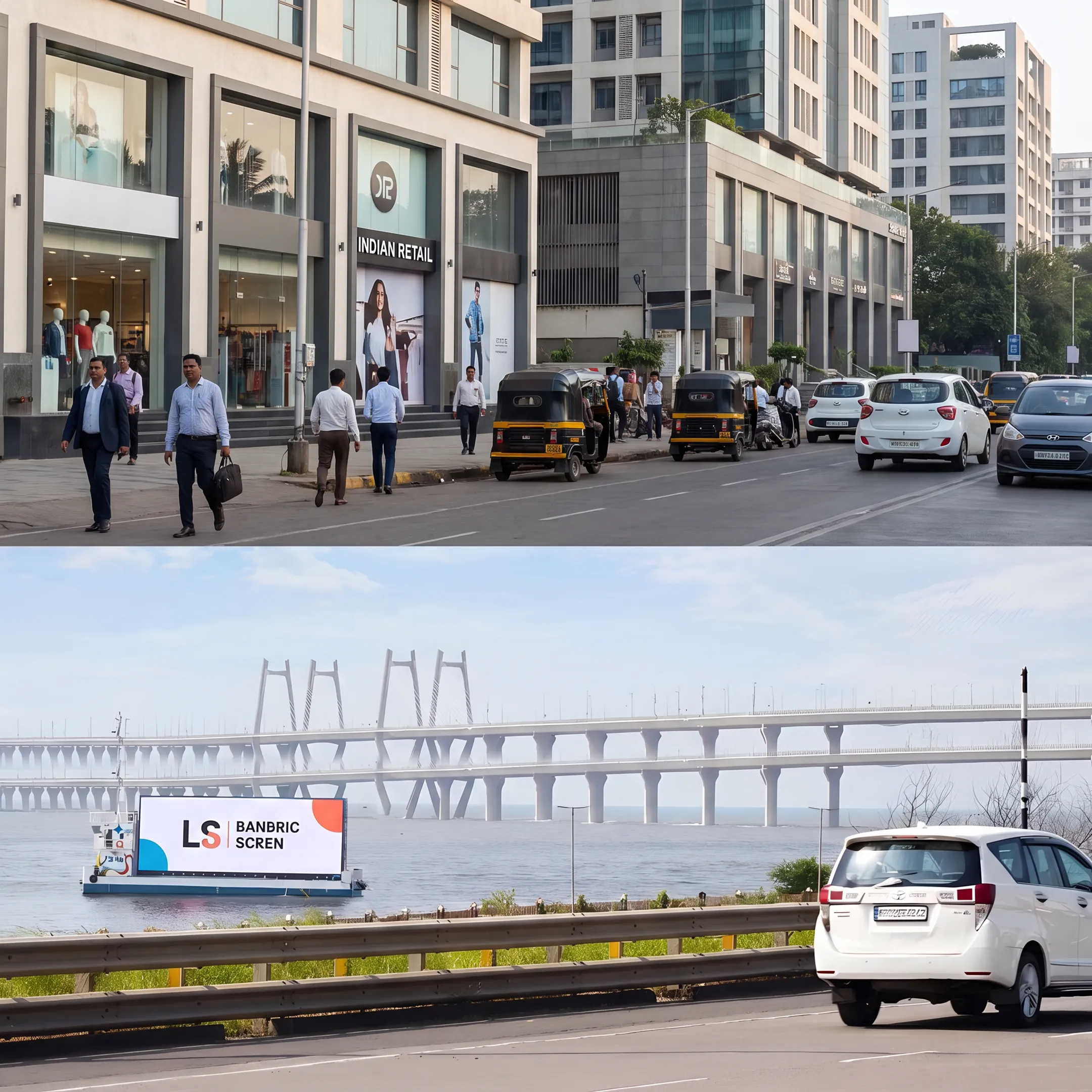 Outdoor LED display showing a branded advertisement in a busy urban environment