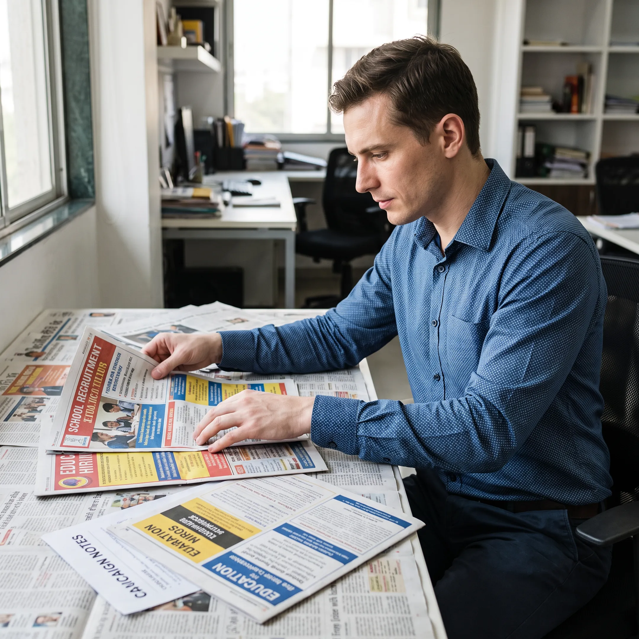 Advertising professional planning a teacher vacancy newspaper campaign