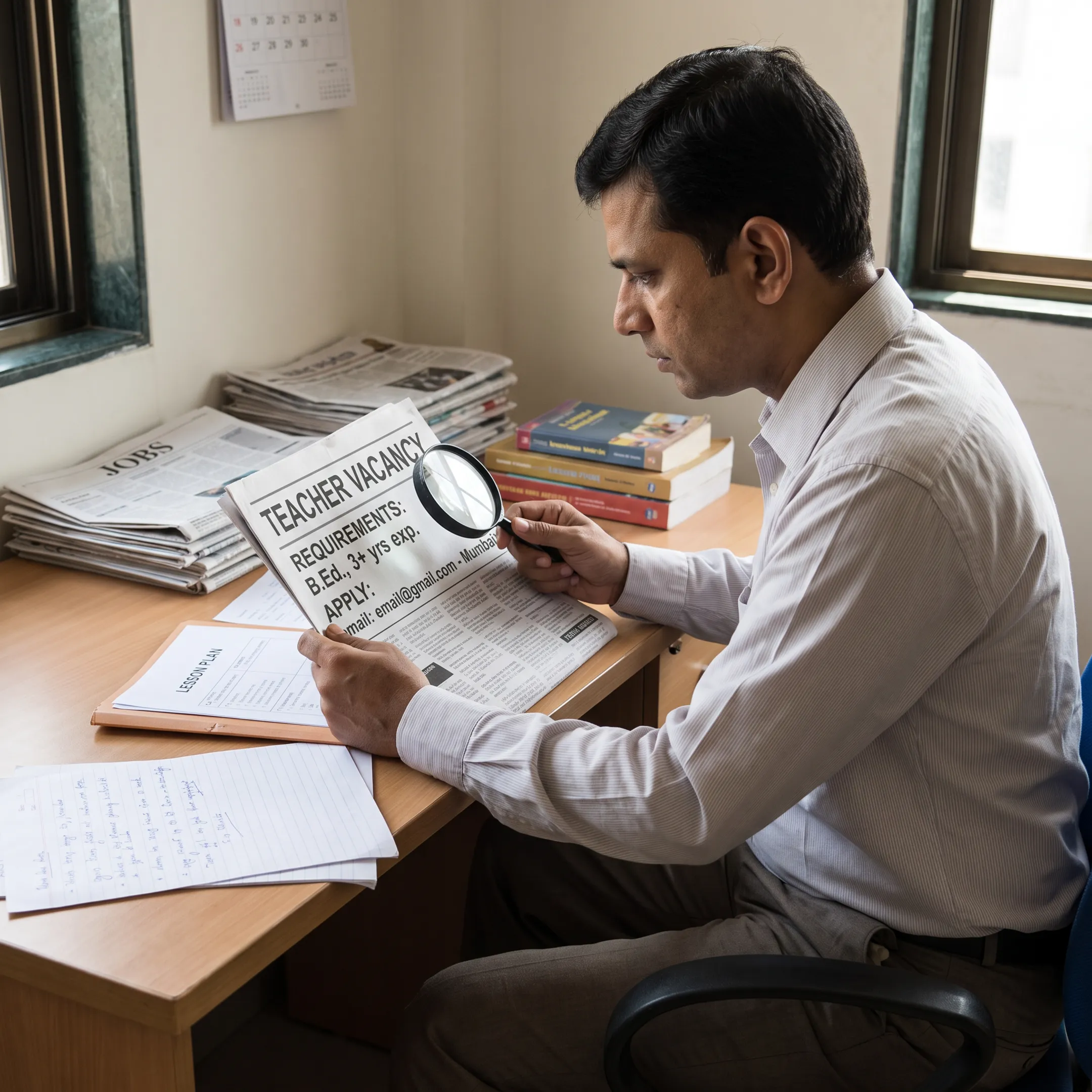 Teacher recruitment advertisement displayed in a newspaper beside education materials