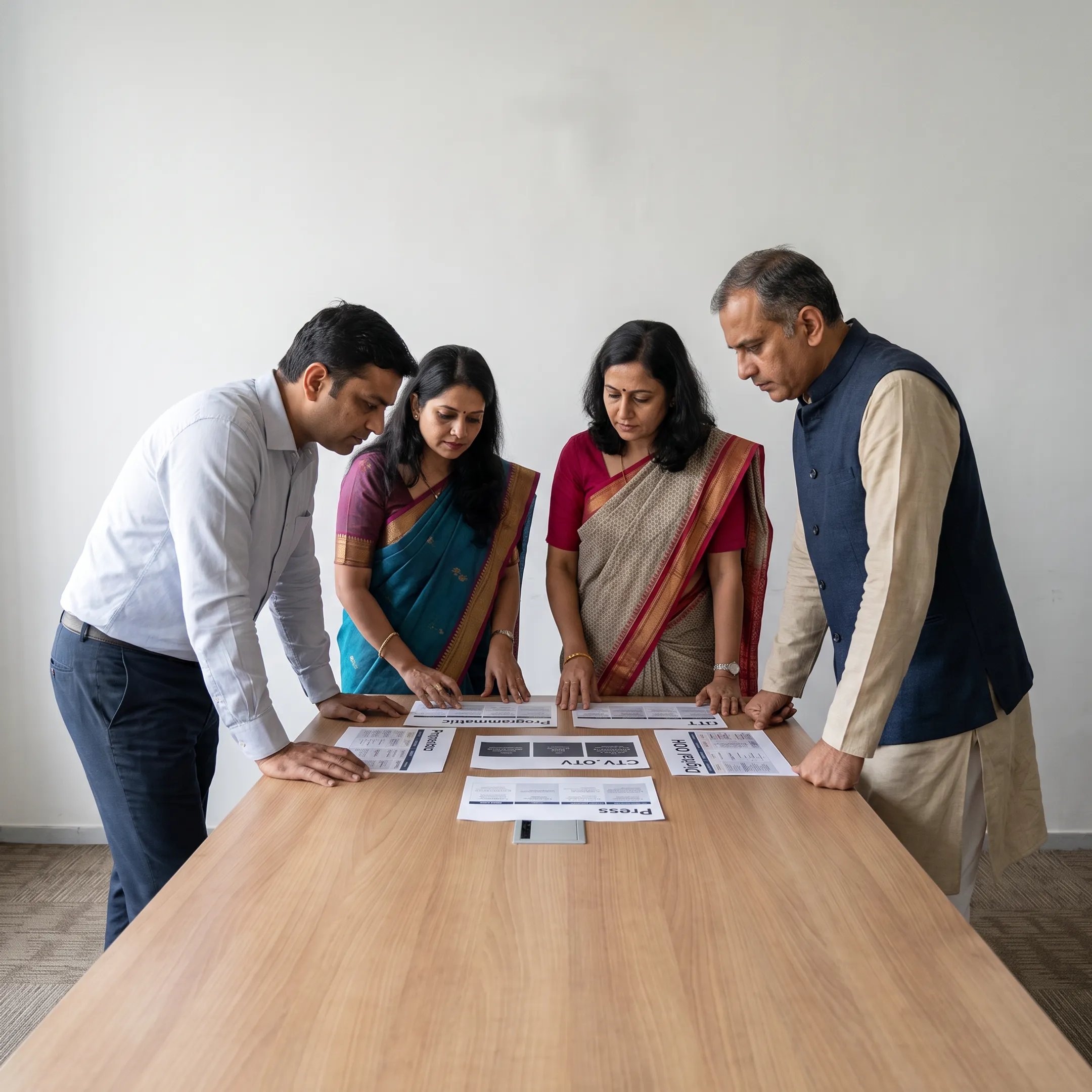 Media buying team planning a multi-channel advertising campaign