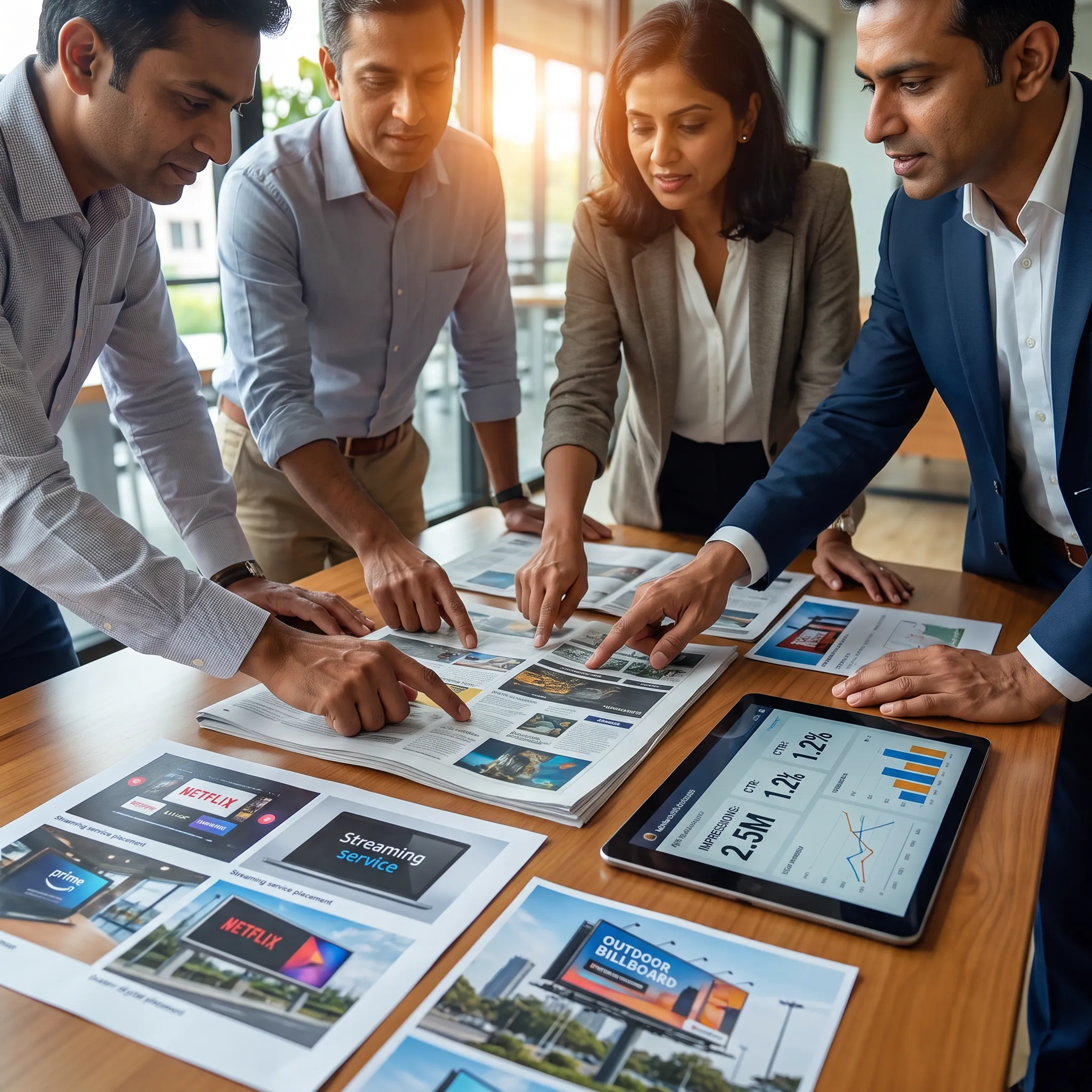 Advertising specialists planning a cross-channel media buying campaign