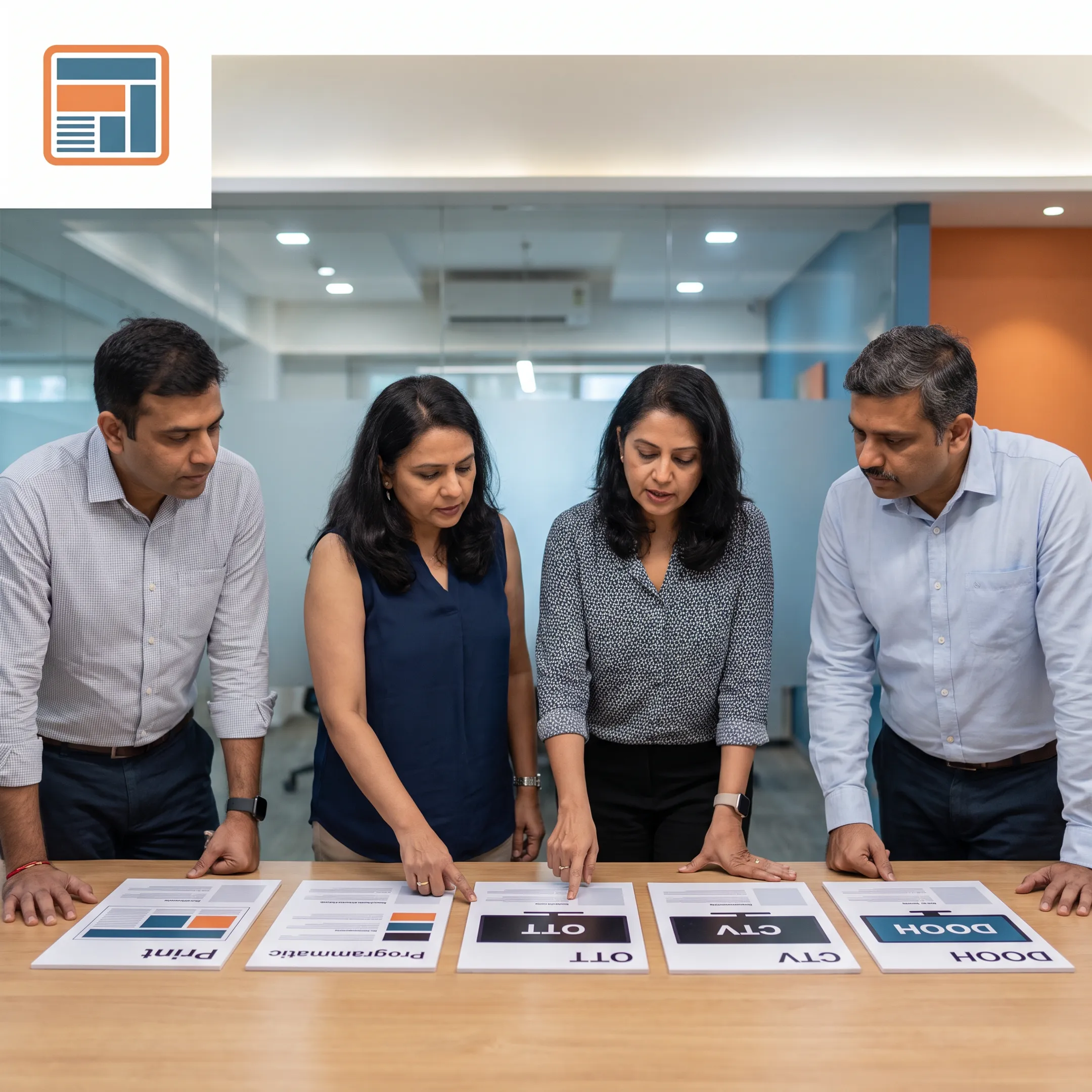 Media planners reviewing a multi-channel advertising campaign on digital screens
