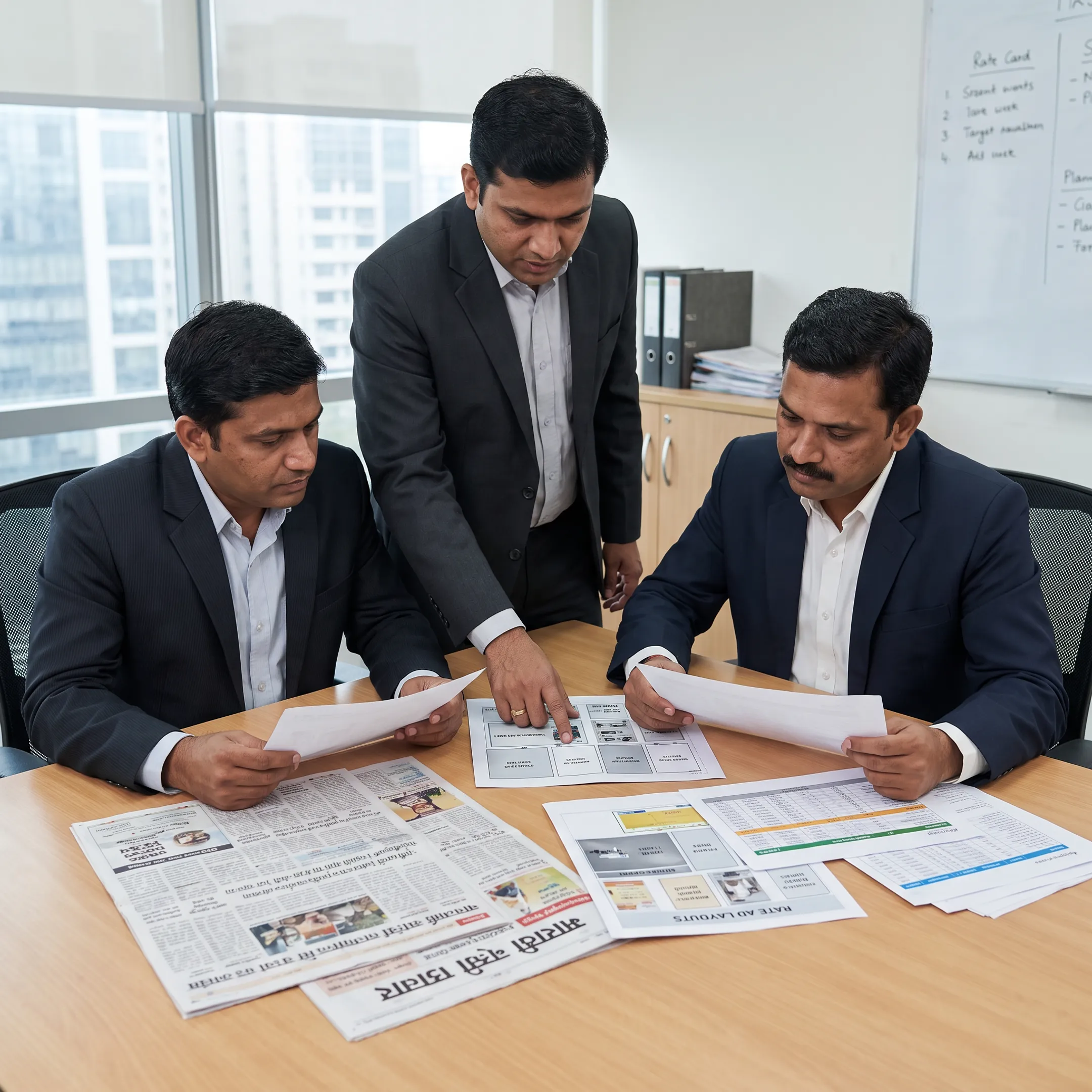 Newspaper advertisement planning meeting with Marathi print publication samples
