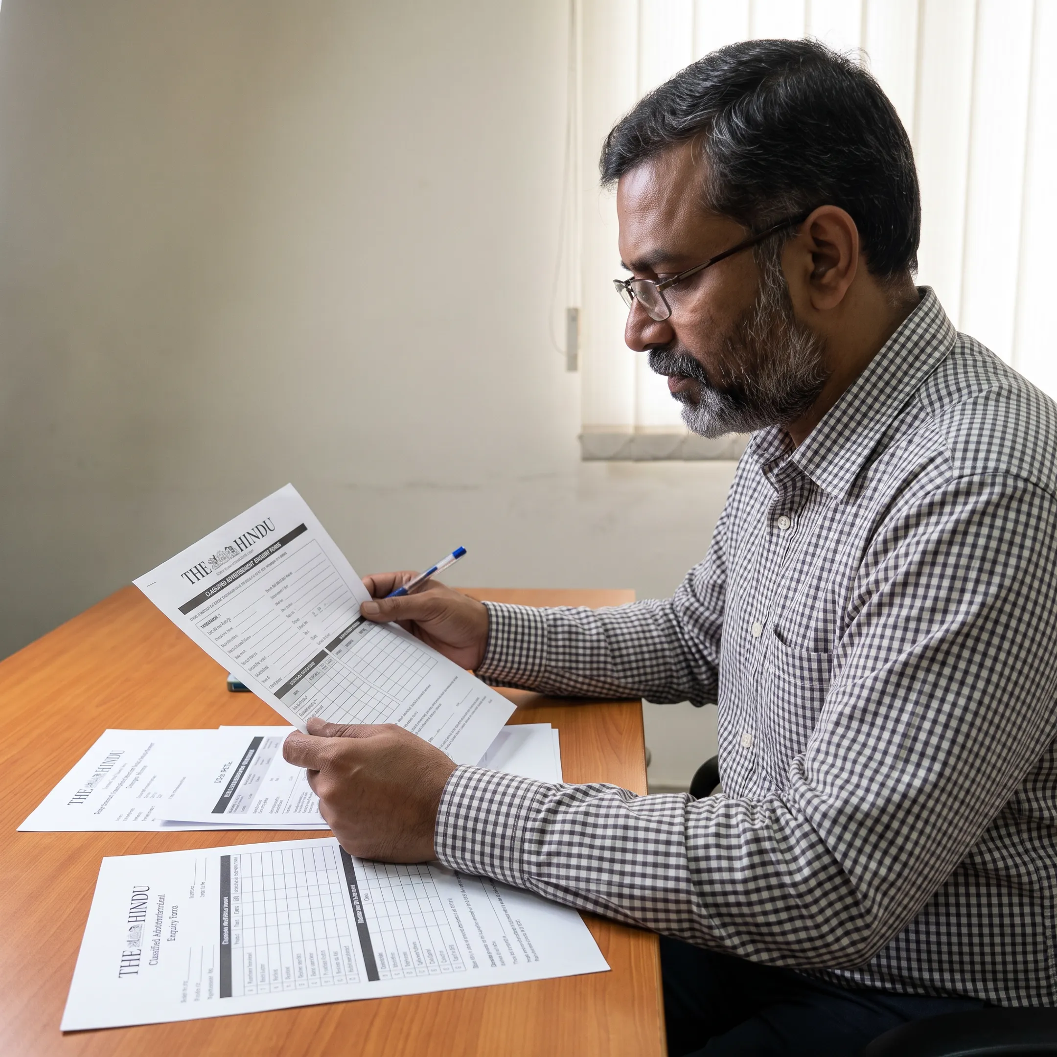 Advertising professional preparing a newspaper classified advertisement enquiry