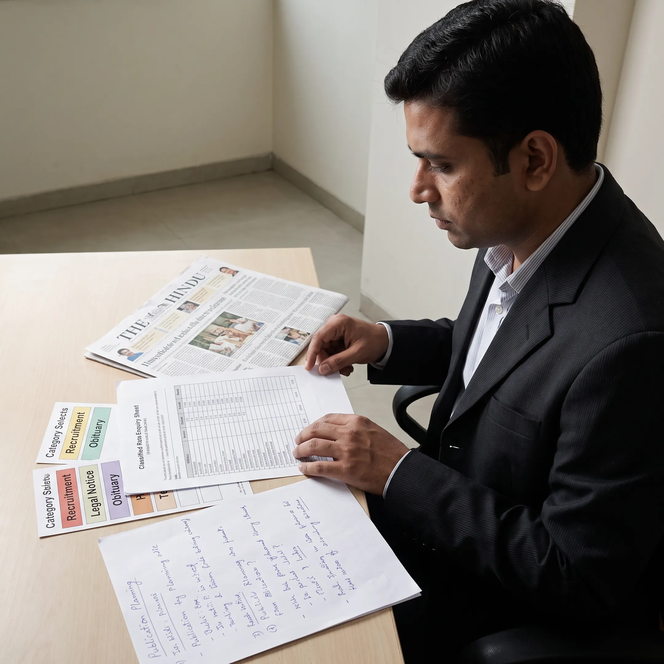 Newspaper classified advertisement planning with The Hindu publication and advertising documents