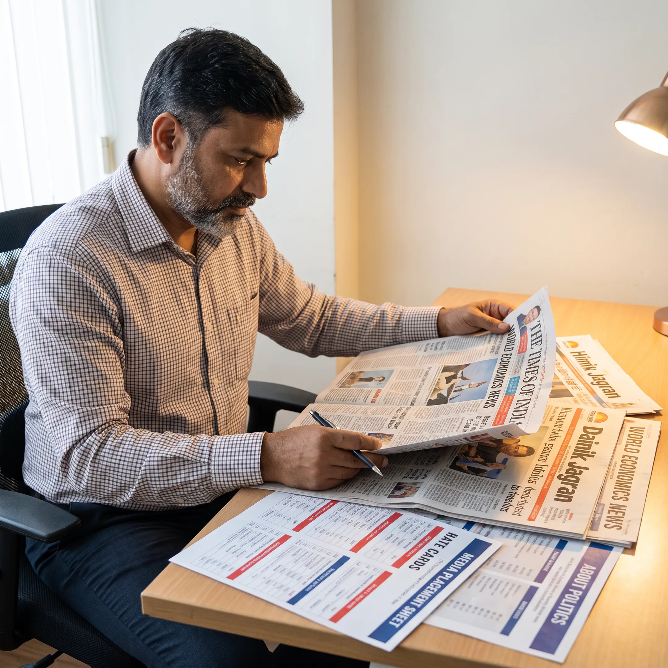 Newspaper media planner comparing publication choices and advertising rate information