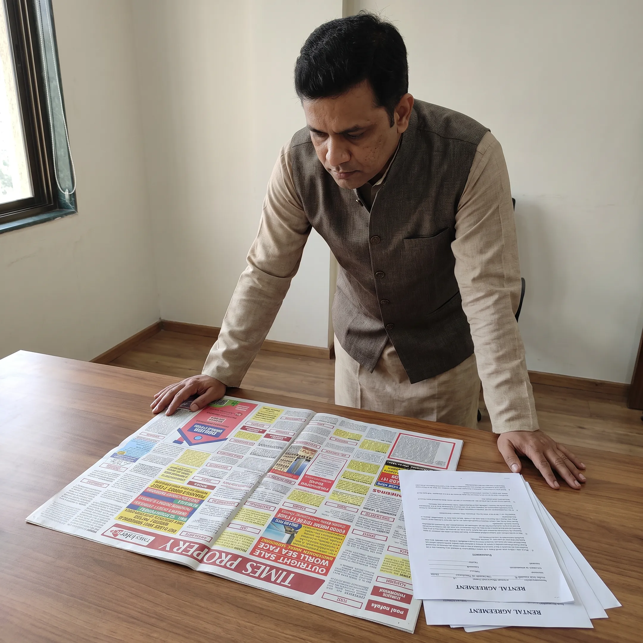 Newspaper showing a clearly formatted to-let property advertisement beside rental documents
