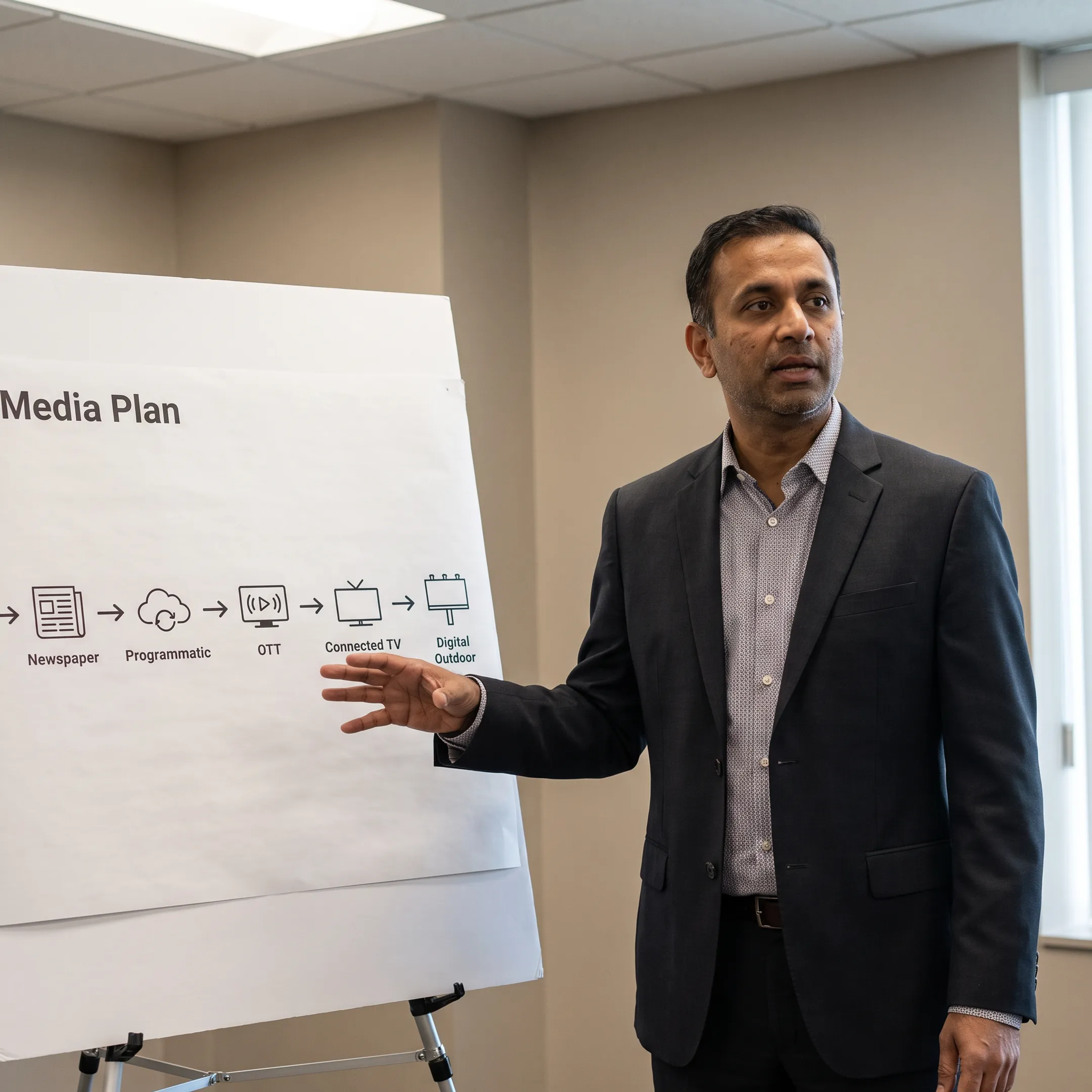 Media strategist comparing print, digital, streaming, and outdoor advertising options