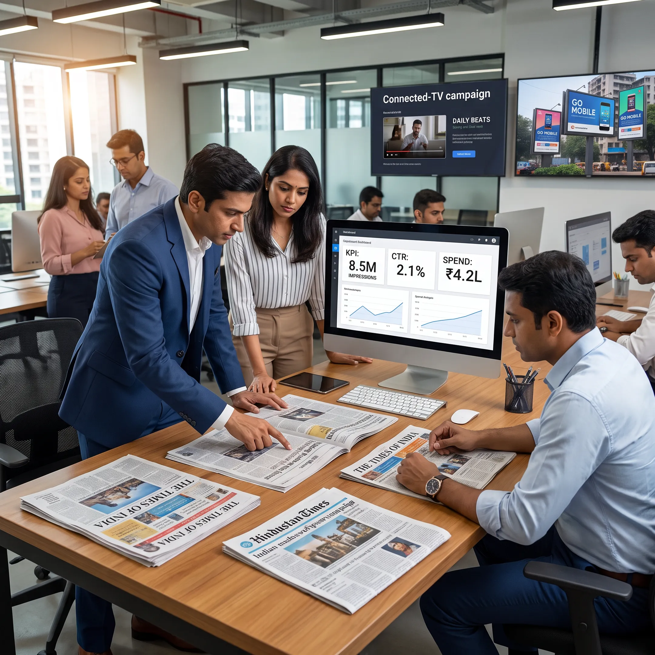 Advertising team planning a multichannel media campaign with digital screens and print publications