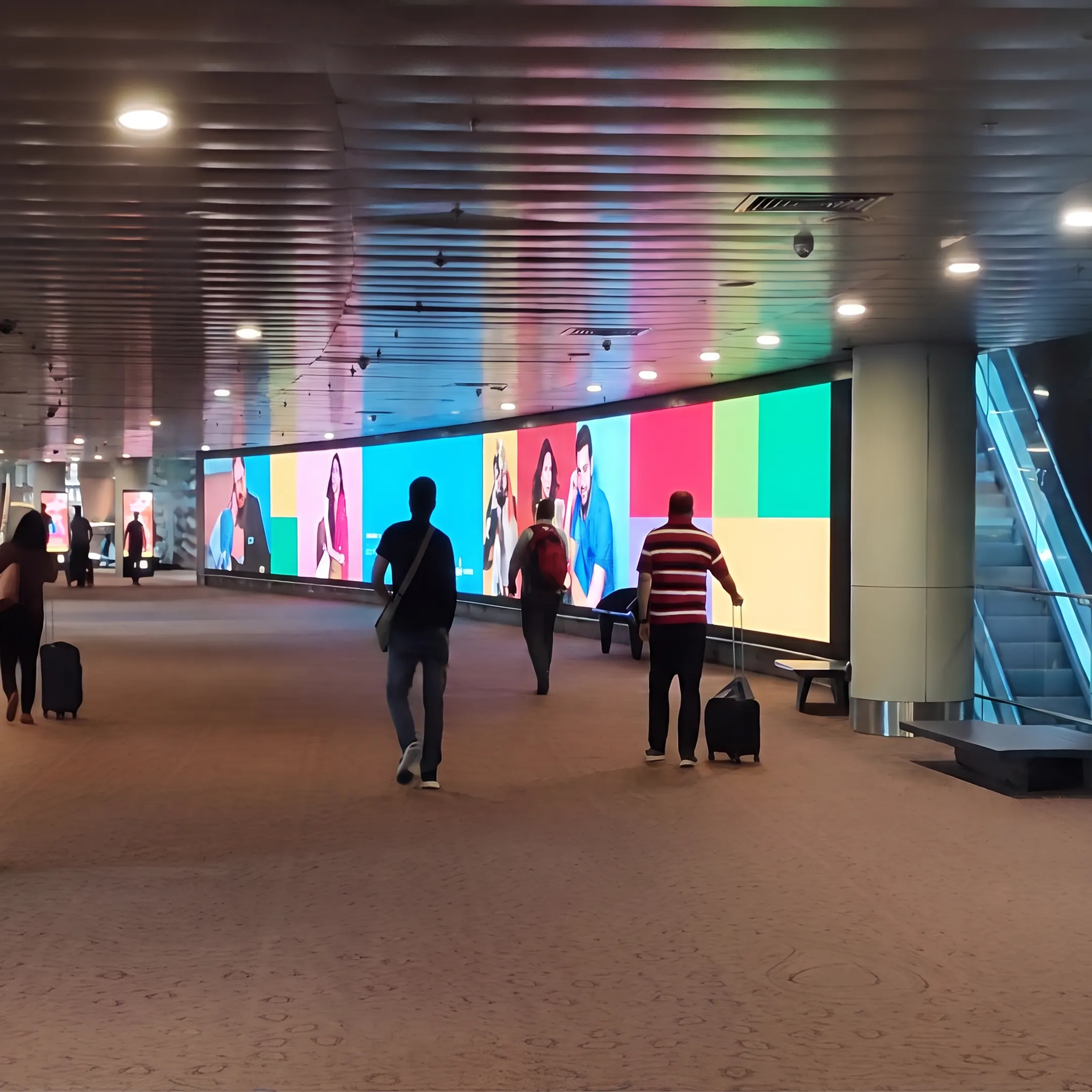 Digital advertising screen displaying a branded campaign in a busy modern public venue