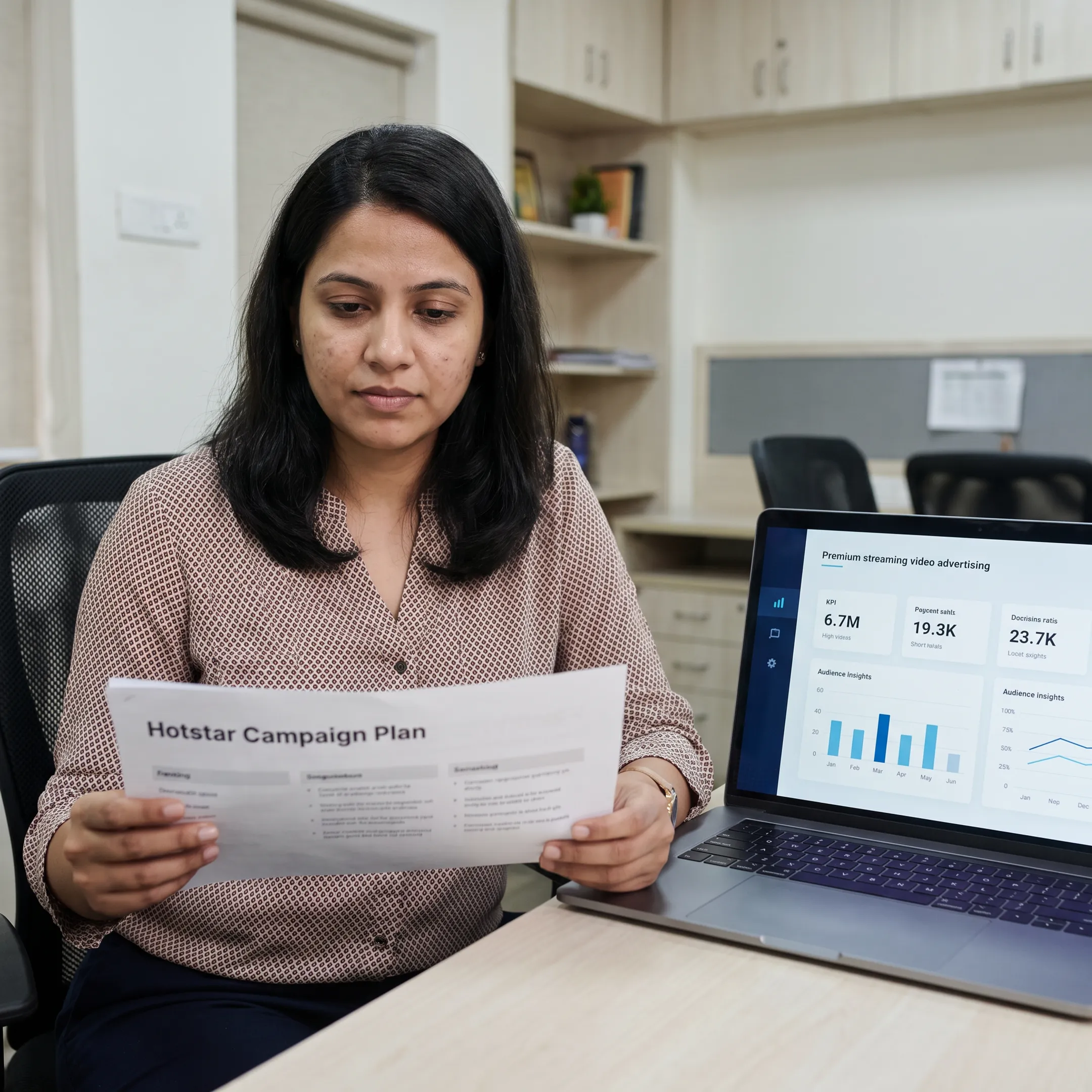 Digital advertising strategist reviewing a streaming video campaign plan