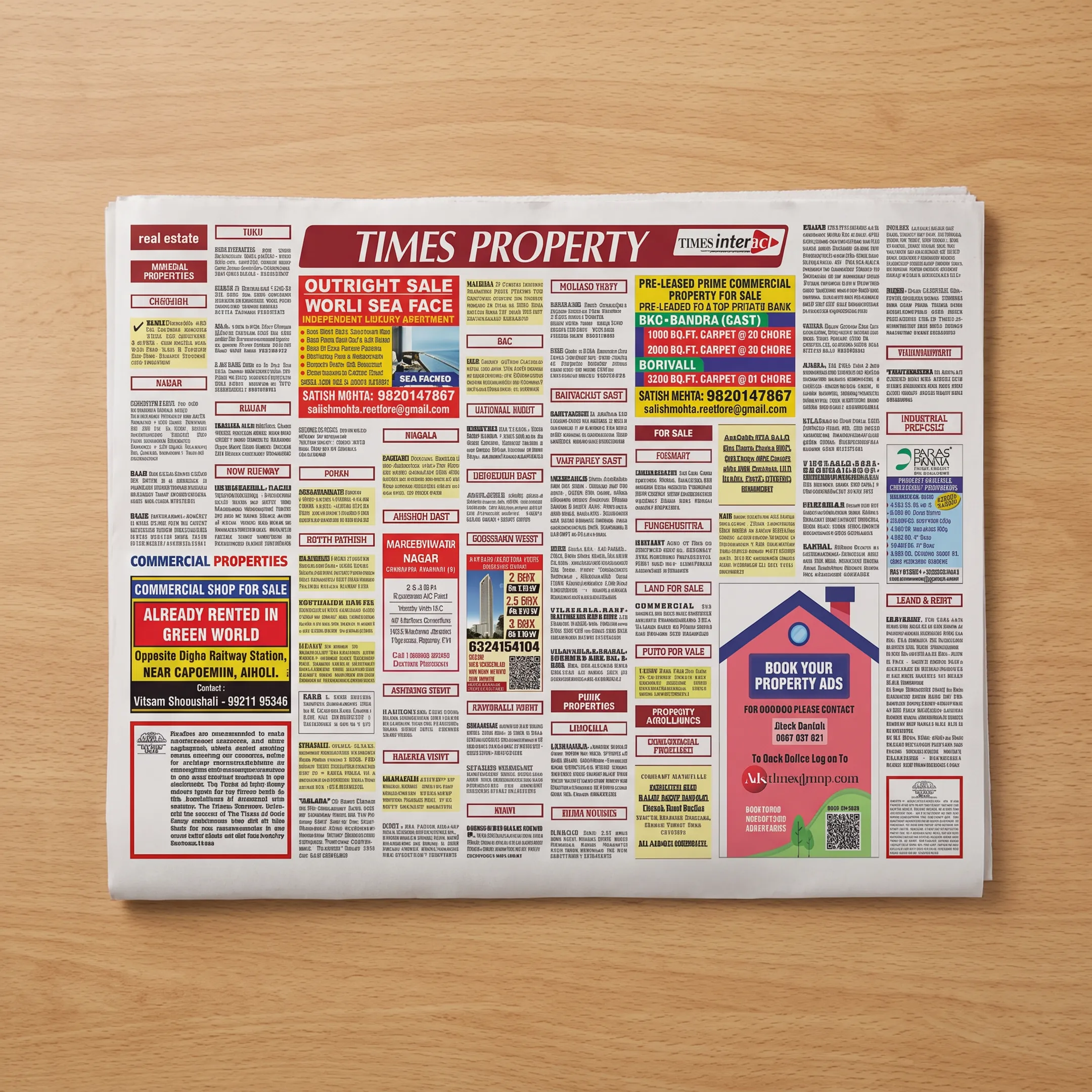 Real estate newspaper advertisement displayed beside property photos and media planning documents