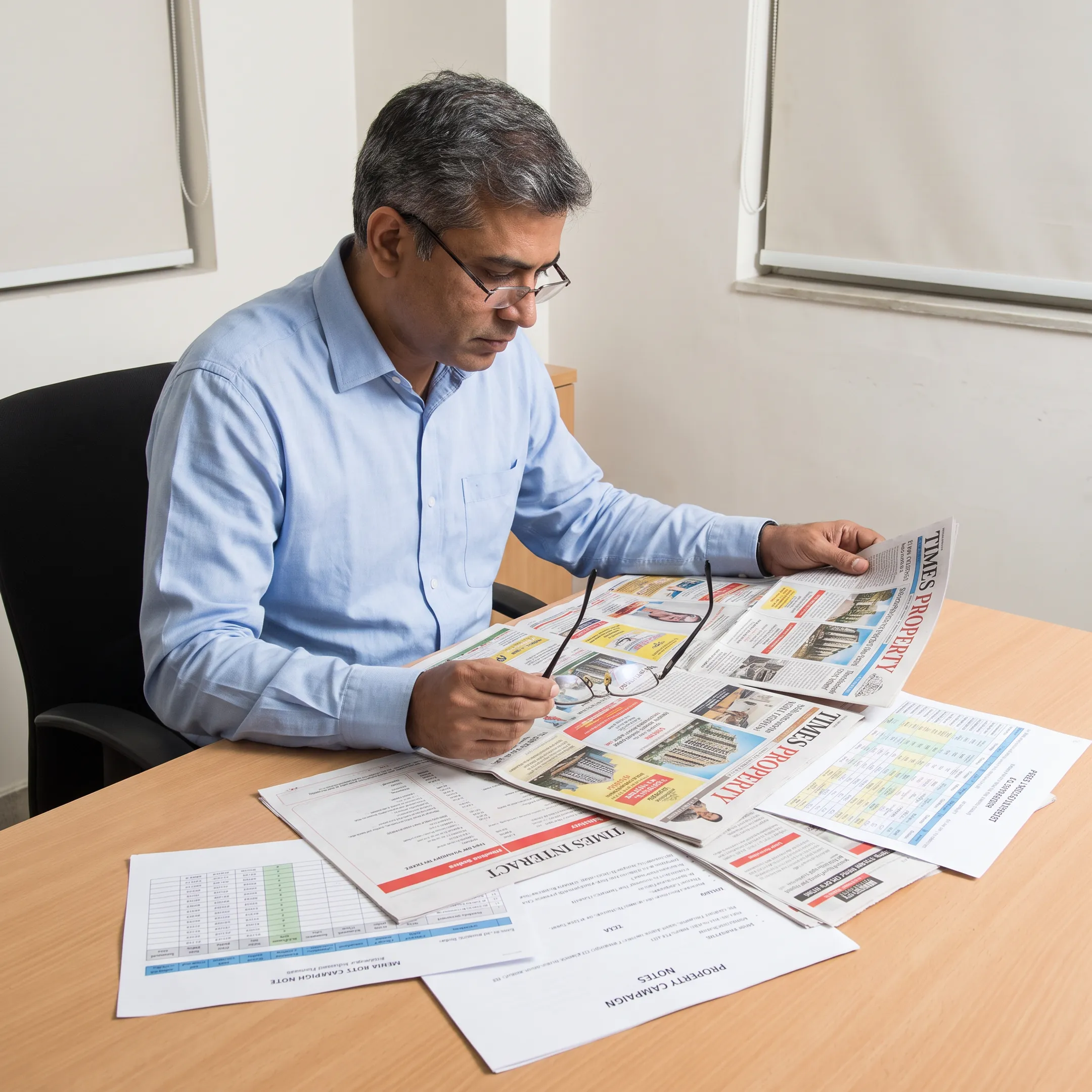 Advertising professional reviewing a real estate newspaper campaign plan