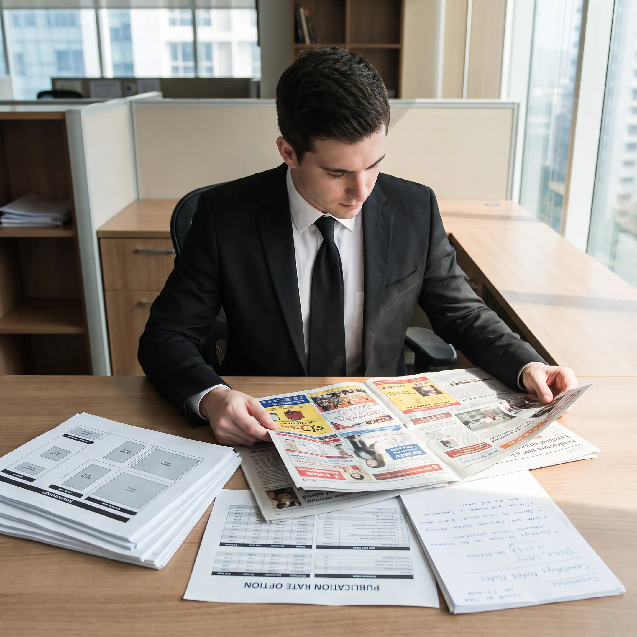 Advertising professional planning a newspaper advertisement campaign with print publications