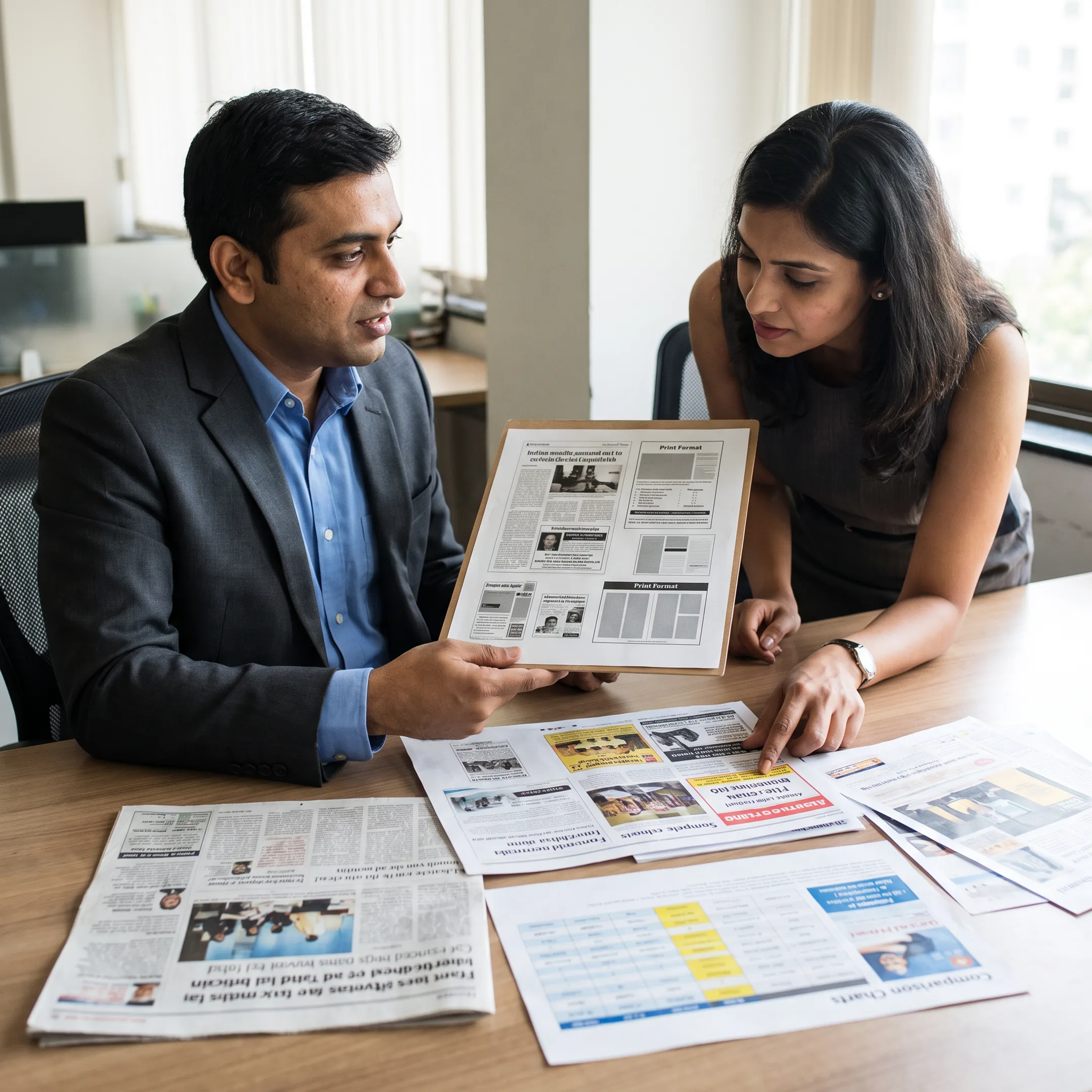Consultant discussing newspaper advertising options with a client