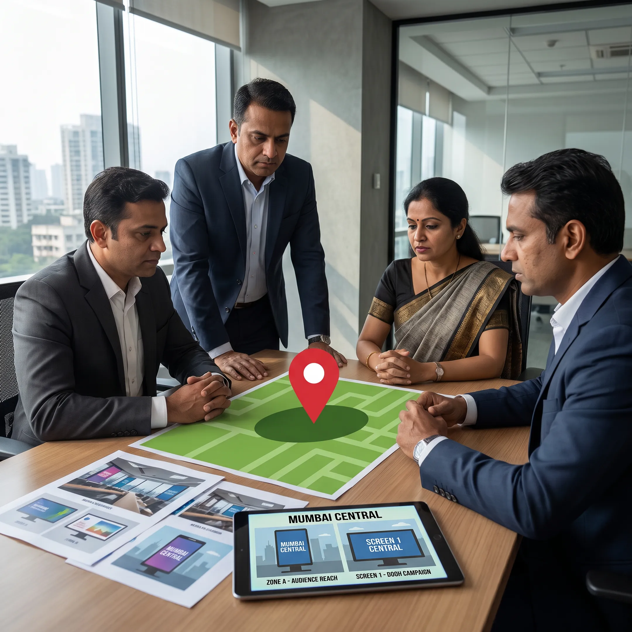 Agency team reviewing a digital out-of-home media campaign on urban advertising screens