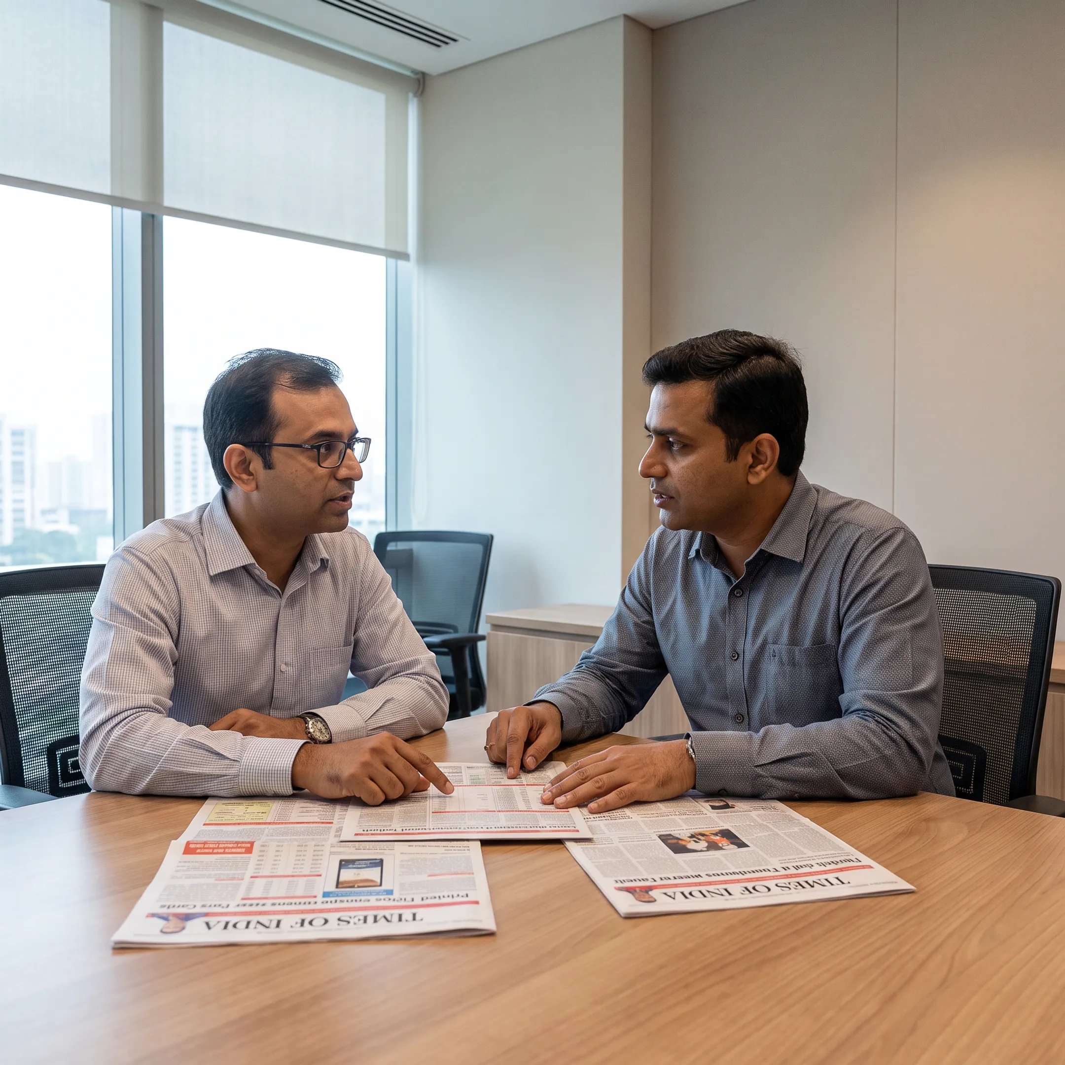 Team member reviewing newspaper advertising options with a client