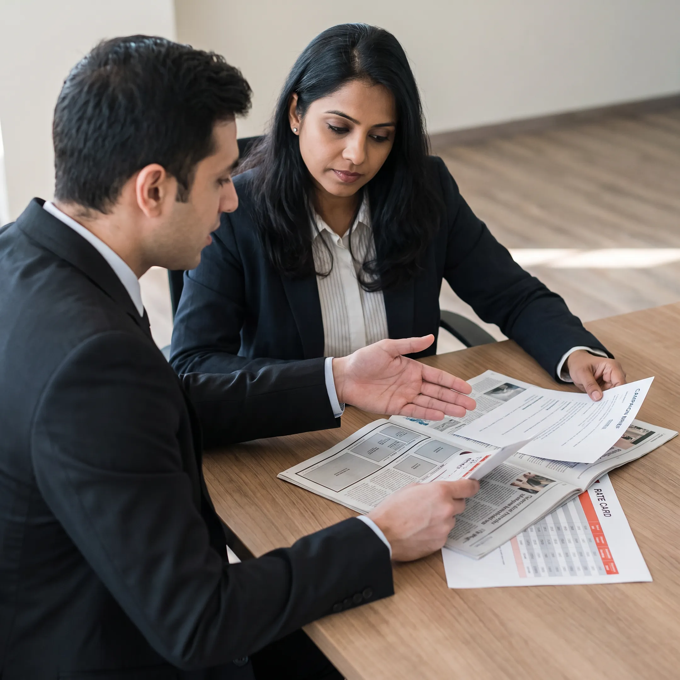 Print media expert discussing newspaper advertisement options with a client