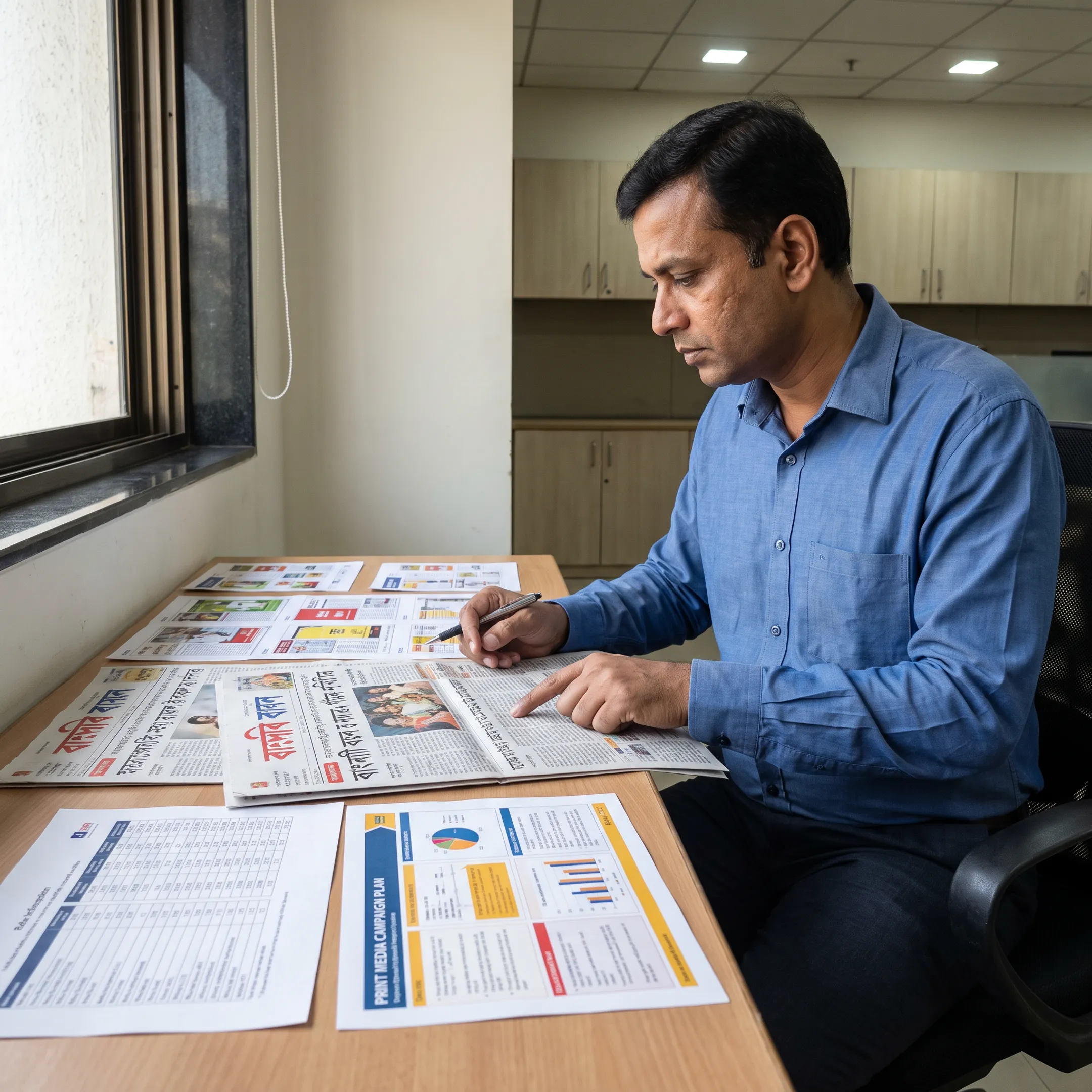 Newspaper advertising professional reviewing an Anandabazar Patrika media plan