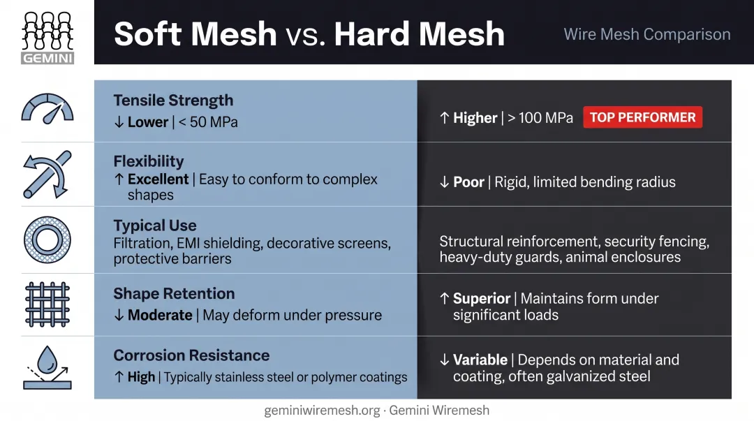Soft mesh versus hard mesh property comparison across five performance factors
