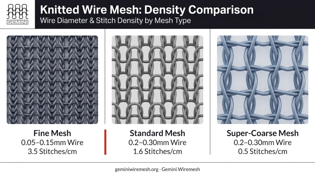 Fine standard and super-coarse mesh knit density comparison chart