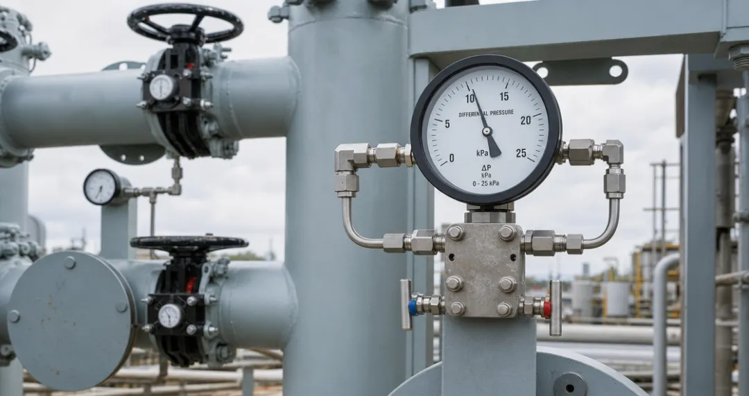 differential pressure manometer installed on industrial mist eliminator vessel piping