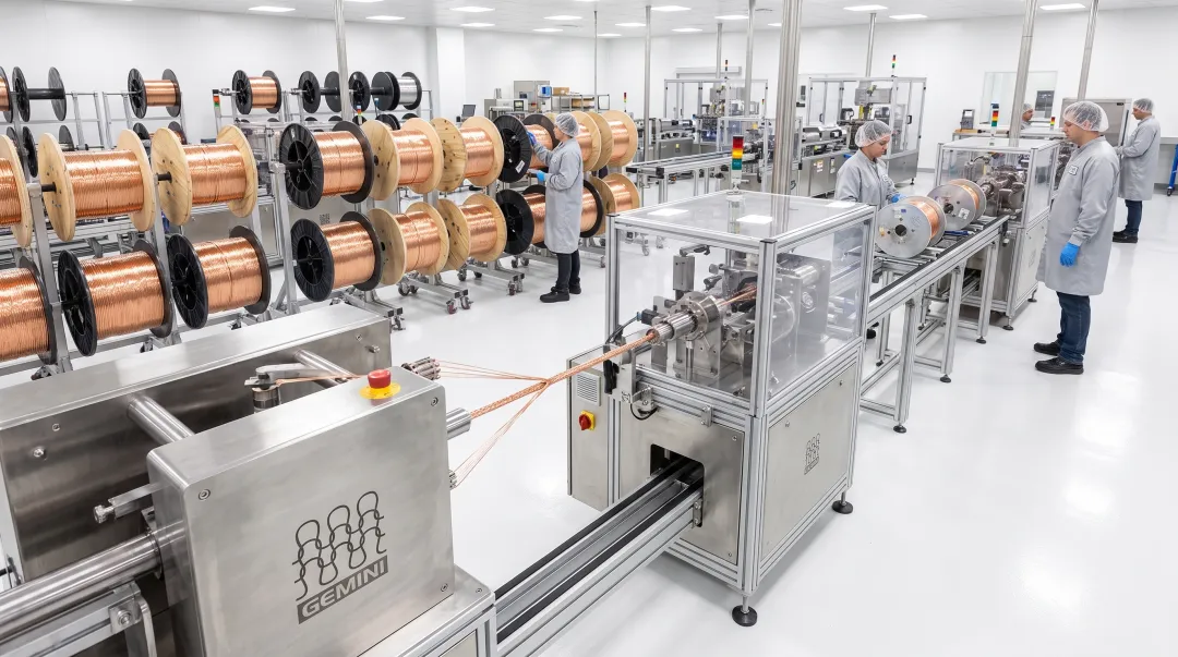 Precision wire fabrication facility producing fine-tolerance tinned copper braided conductors