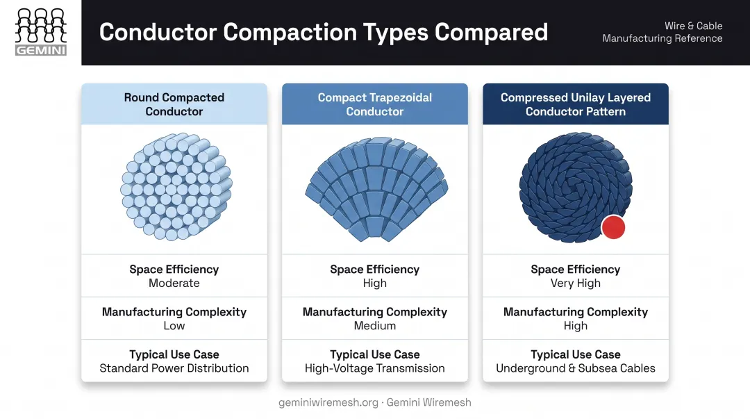 Three compressed conductor types compared by shape flexibility and cost