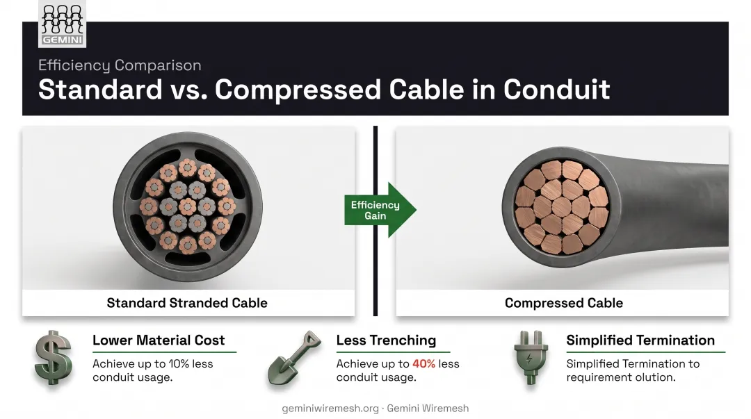 Benefits of compressed conductor space efficiency versus standard stranded cable