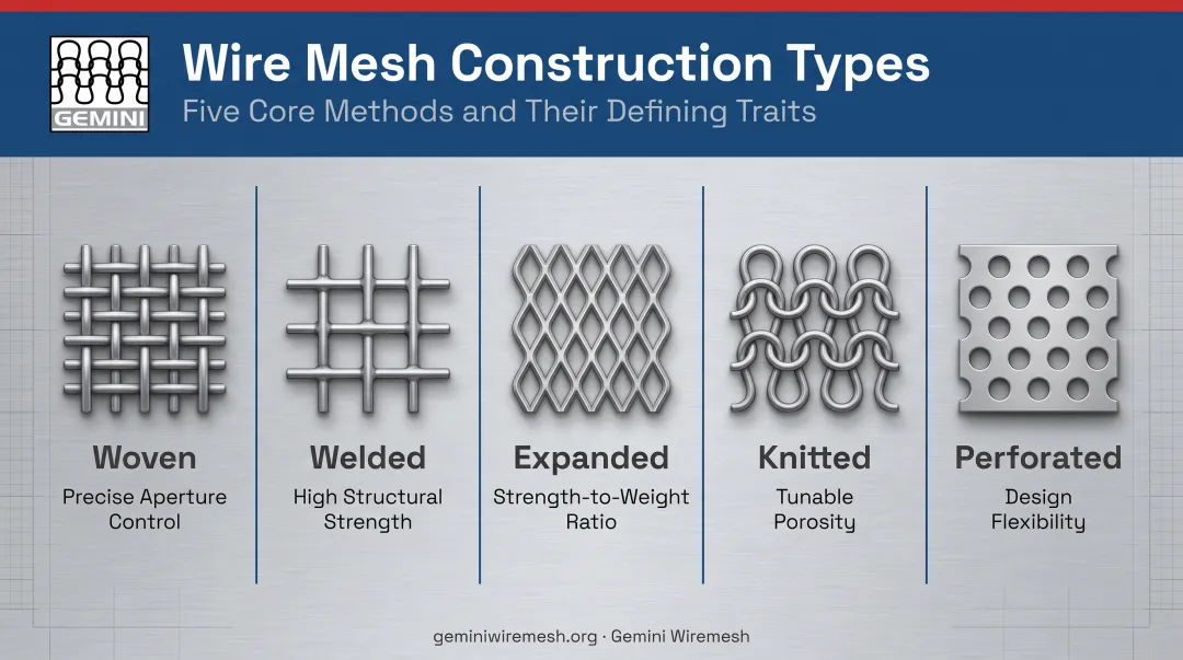 Five wire mesh construction types comparison overview infographic