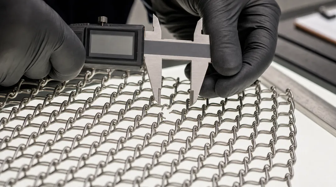 close-up inspection of knitted wire mesh checking for stitch defects