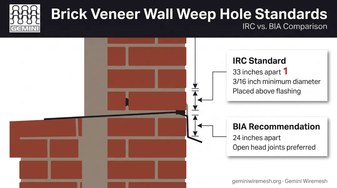Weep hole spacing and dimension requirements per IRC and BIA standards