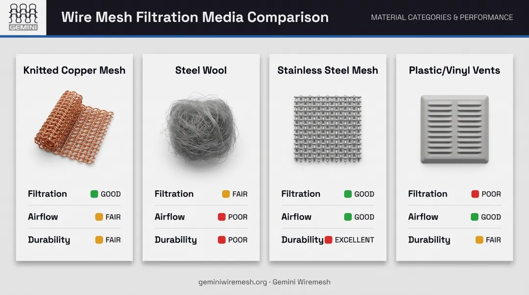 Comparison chart of weep hole protection materials by filtration airflow and durability