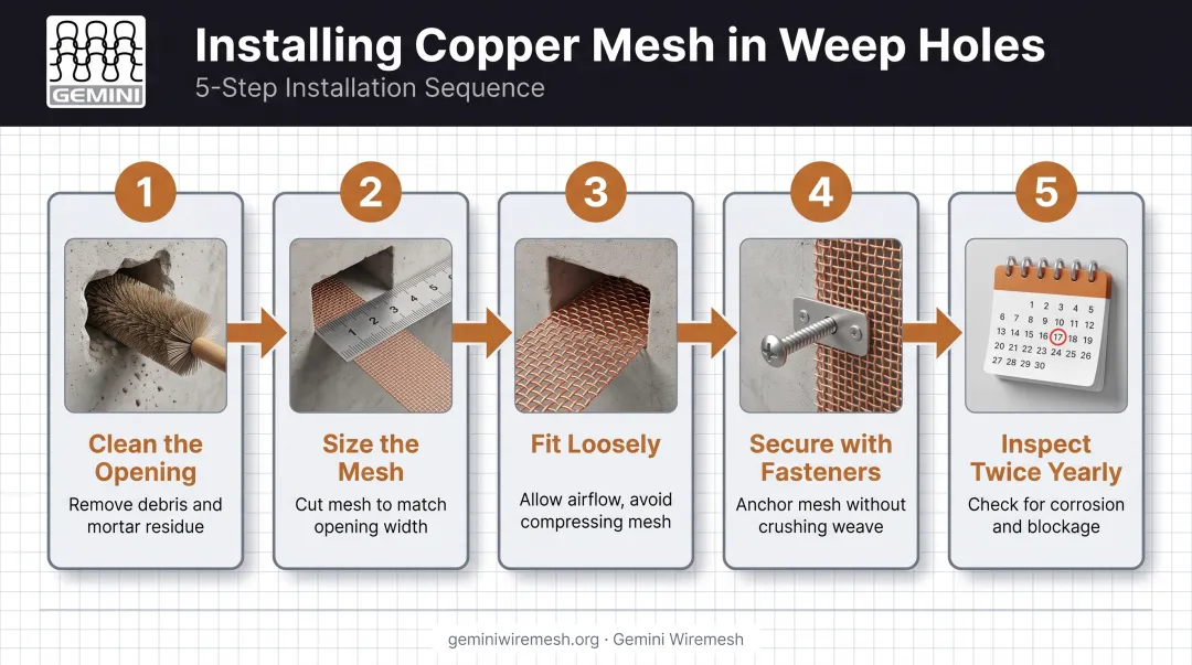 Five-step process for installing copper mesh in weep holes correctly