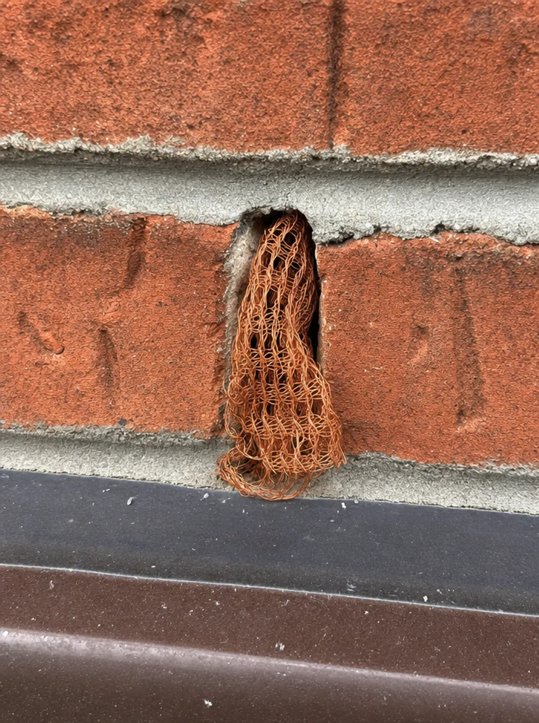 Close-up of knitted copper mesh loosely fitted inside brick weep hole