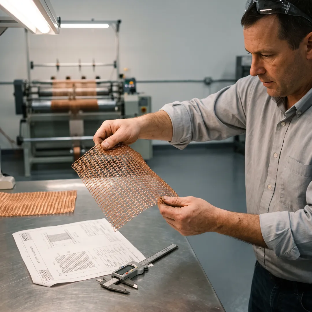Engineer inspecting copper wire mesh