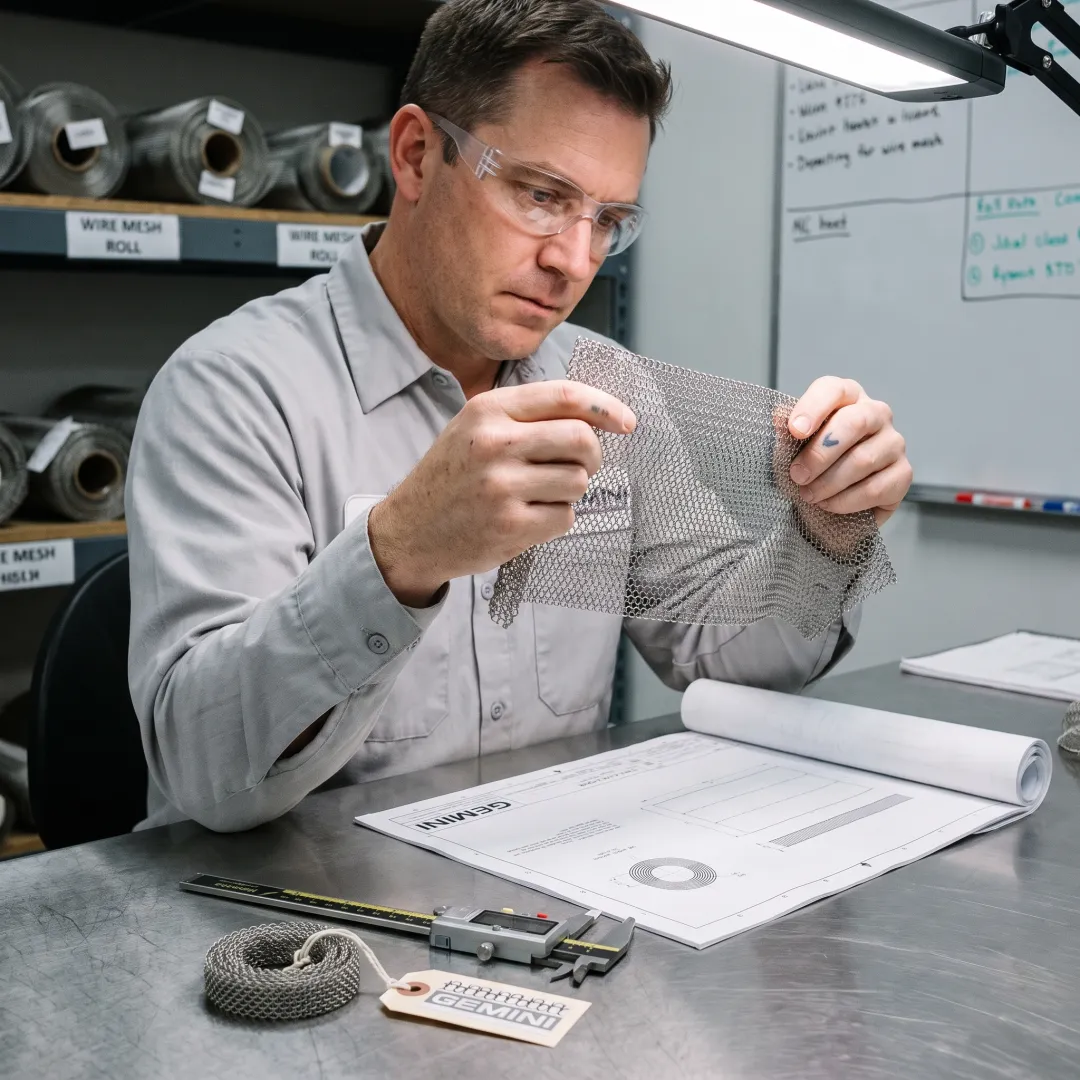 Engineer inspecting stainless steel knitted wire mesh sample