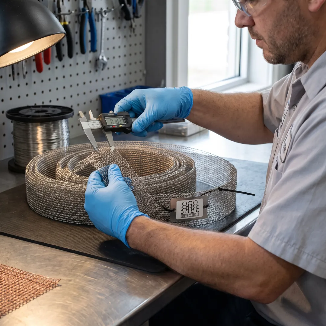 Technician inspecting knitted wire mesh
