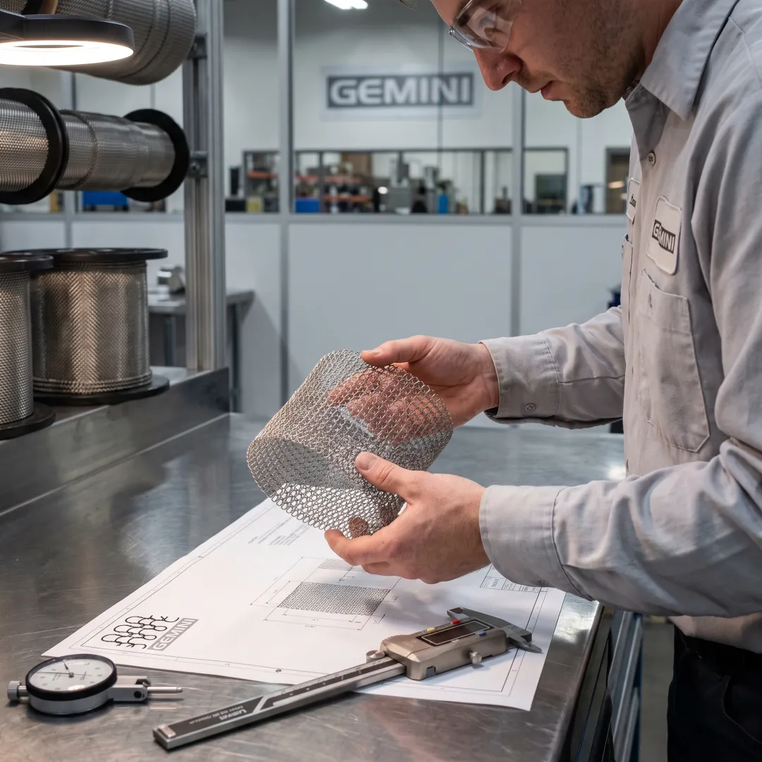 Engineer inspecting knitted mesh filtration material