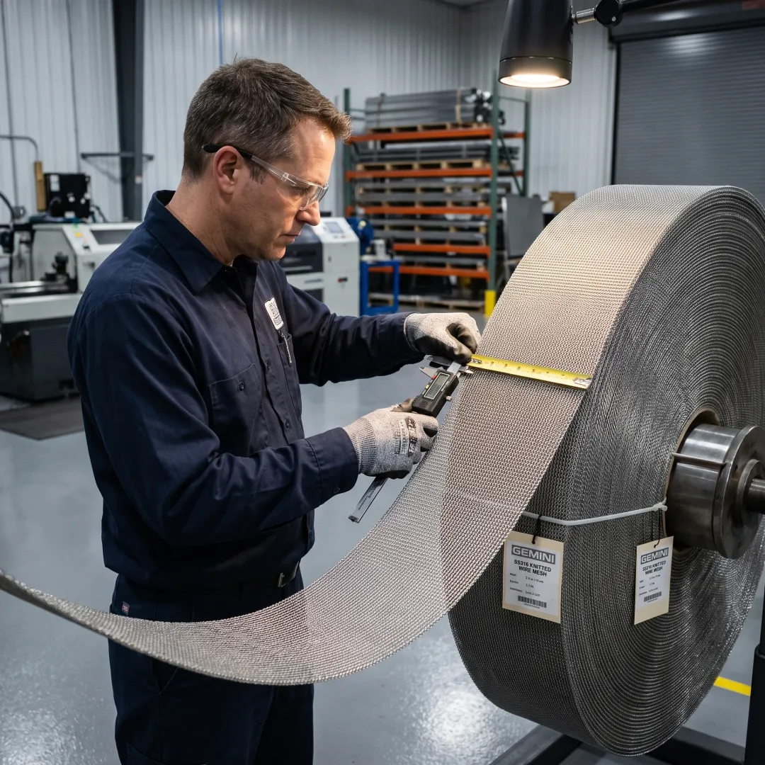 Technician inspecting custom stainless steel knitted mesh