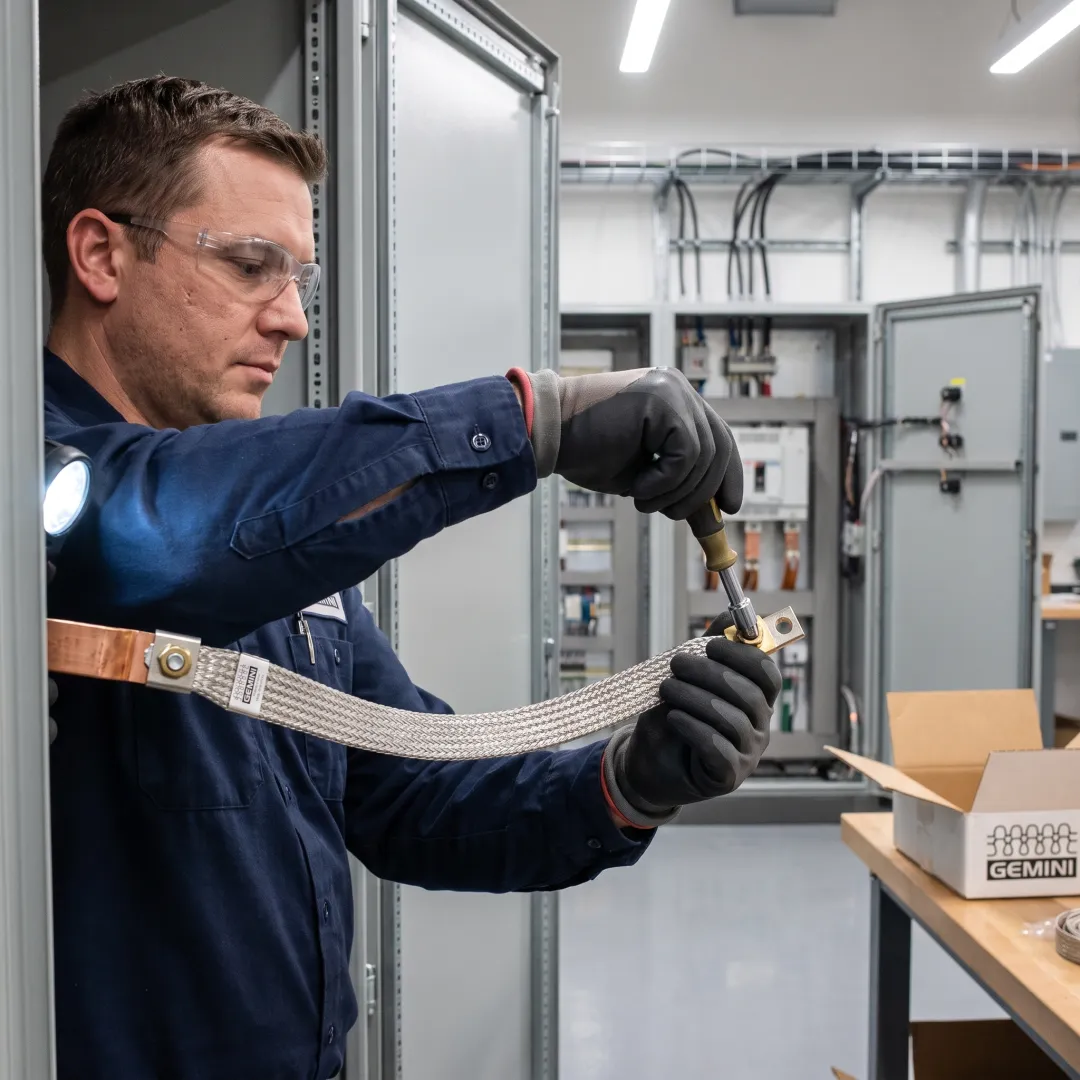 Technician fitting a copper grounding braid