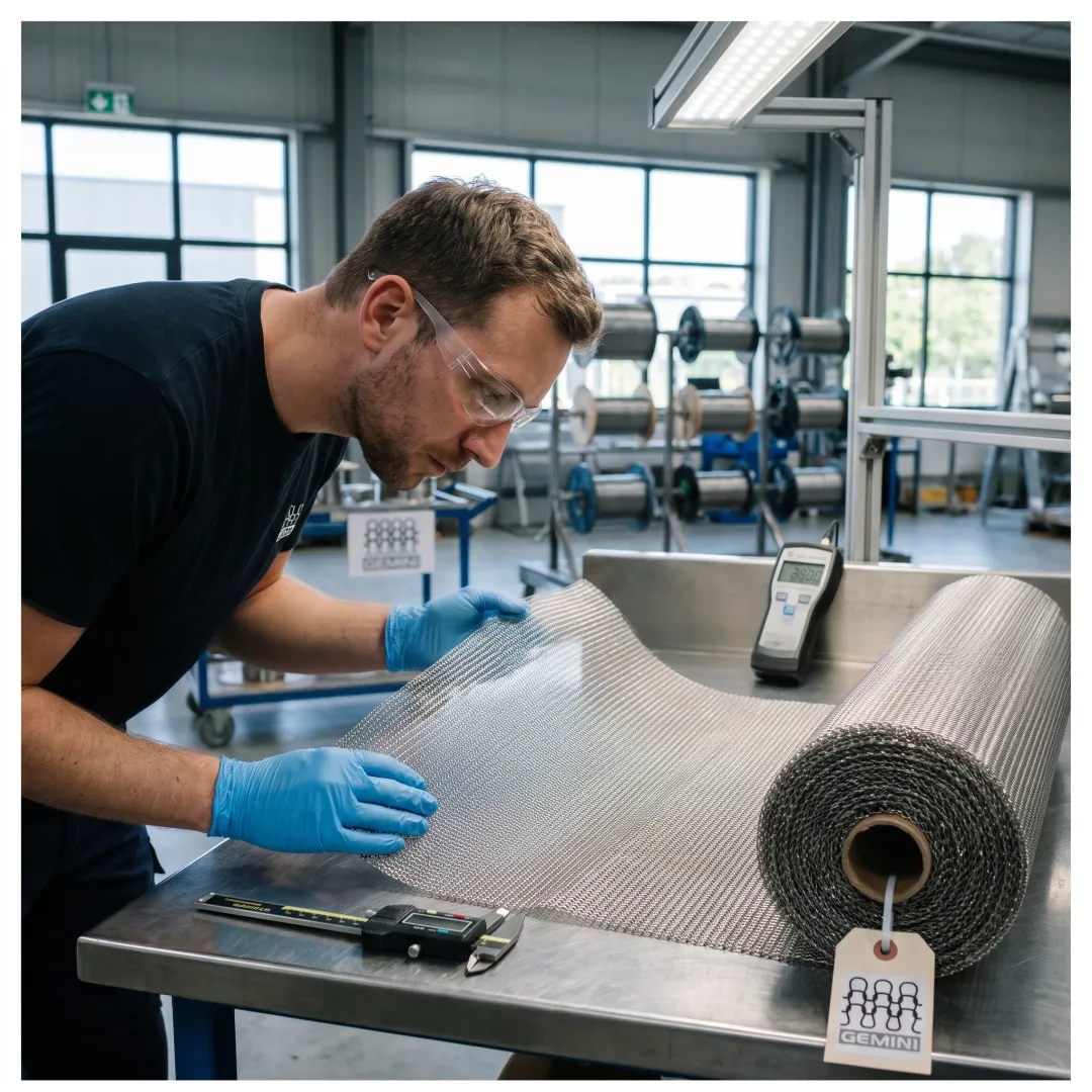 Technician inspecting knitted wire mesh