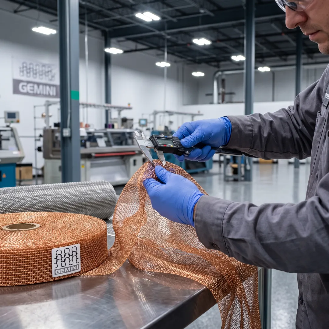 Technician inspecting copper knitted mesh