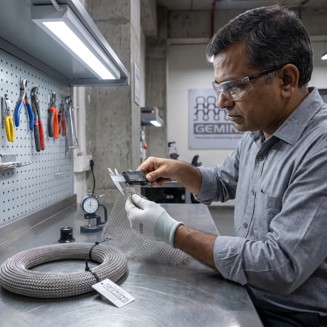 Technician inspecting custom knitted wire mesh