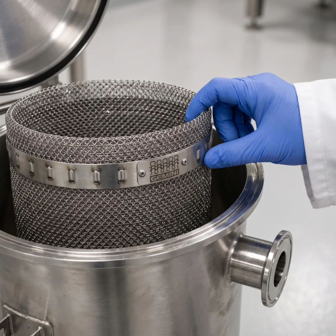 Food and pharmaceutical processing with wire mesh filters
