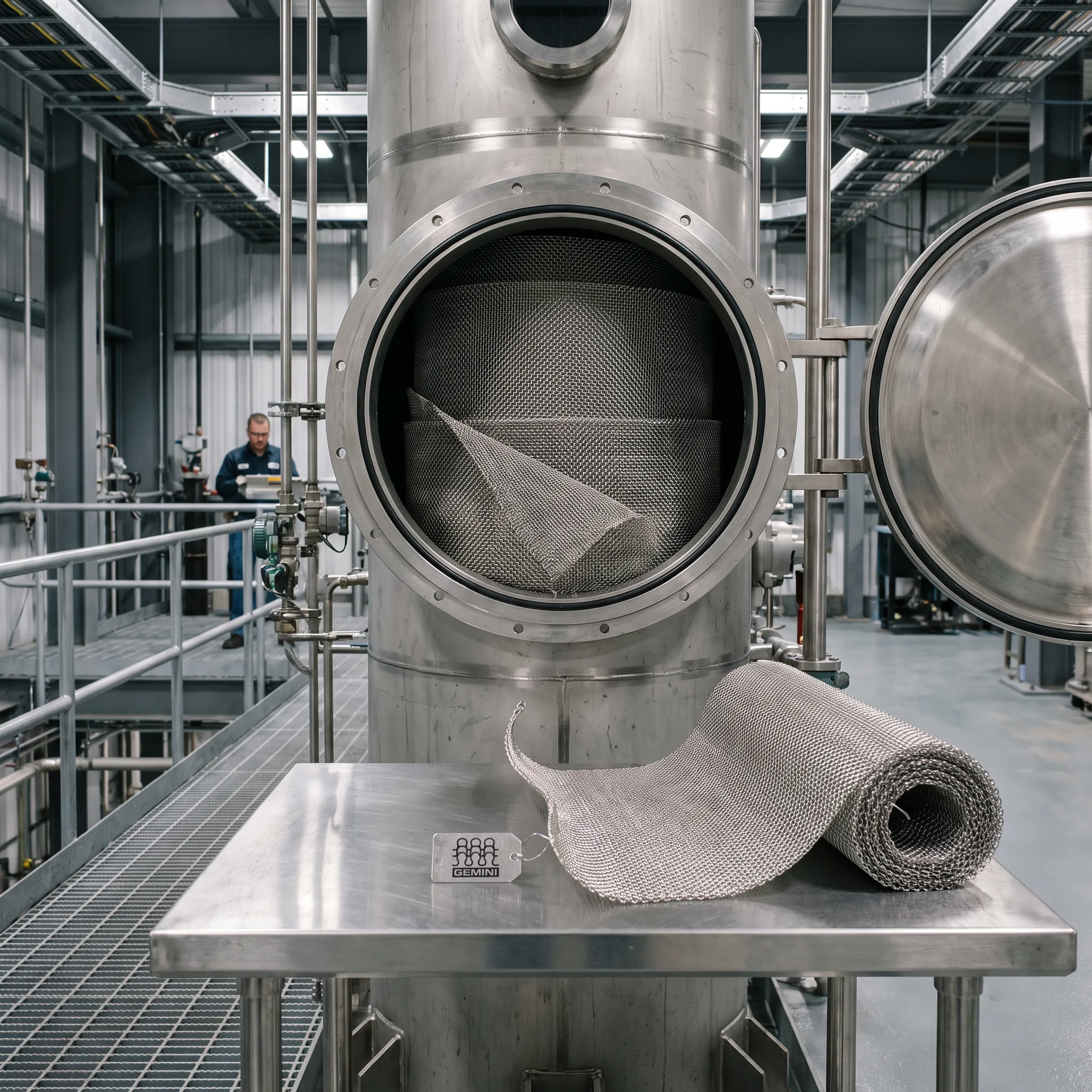 Knitted wire mesh demister pad in a chemical processing plant