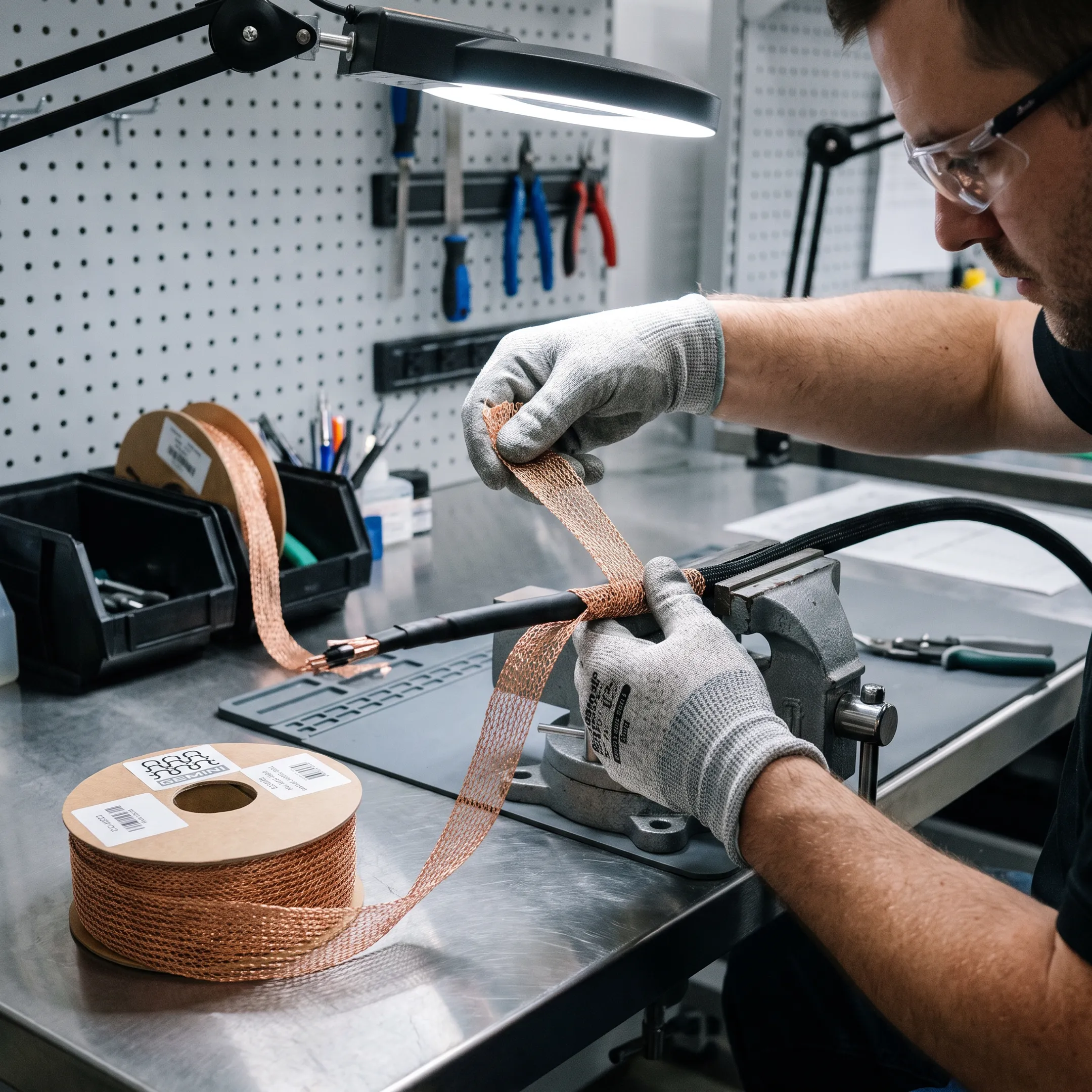 Knitted wire mesh tape used for EMI shielding on a cable assembly